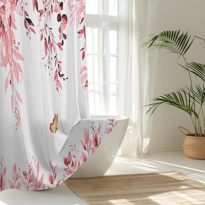 No Hook Shower Curtain and Liner Set, Pink Eucalyptus Floral Shower Curtains for Bathroom, Bath Curtain Sets with Snap in Liner, Waterproof with See Through Top Window, 71x74 Inches