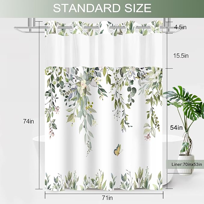 No Hook Shower Curtain and Liner Set, Sage Green Eucalyptus Floral Shower Curtains for Bathroom, Bath Curtain Sets with Snap in Liner, Waterproof with See Through Top Window, 71x74 Inches