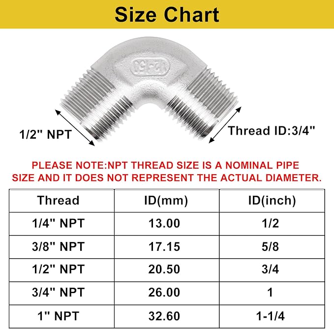 1/2" x 1/2" NPT 90 Degree Elbow 304 Stainless Steel Pipe Fittings Male Threaded - Image 2