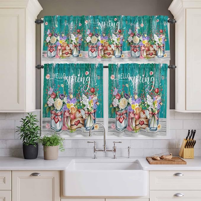 Spring Flowers Kitchen Curtain Set, Farmhouse Watercolor Teal Wood Grain Window - Image 3
