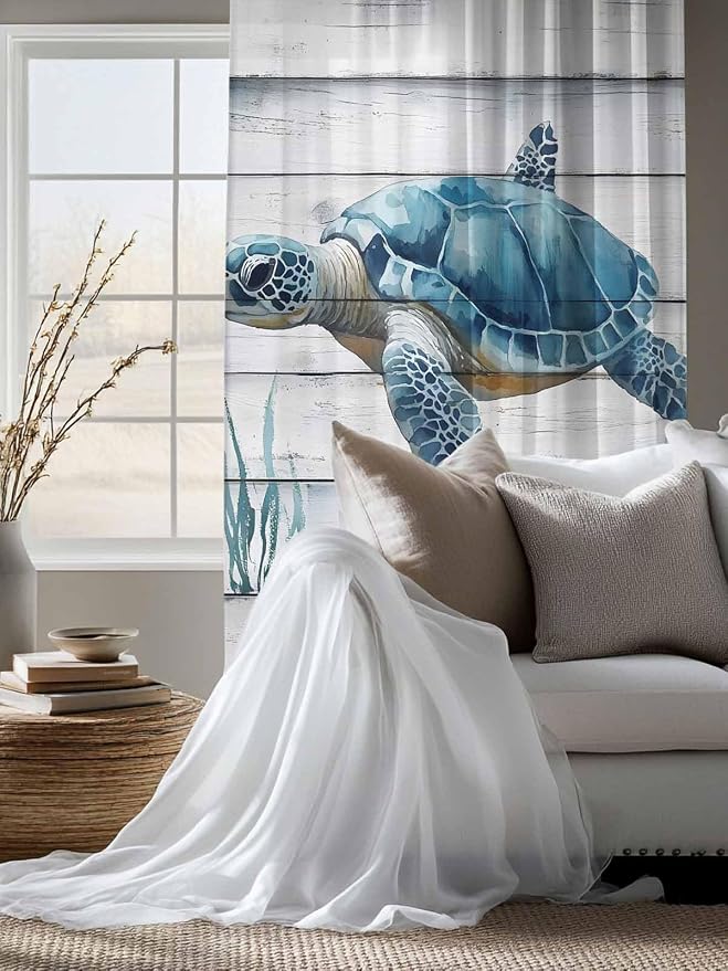 Sheer Curtains 63 Inch Length, Sea Turtle Blue Semi Sheer Curtains Light - Image 4