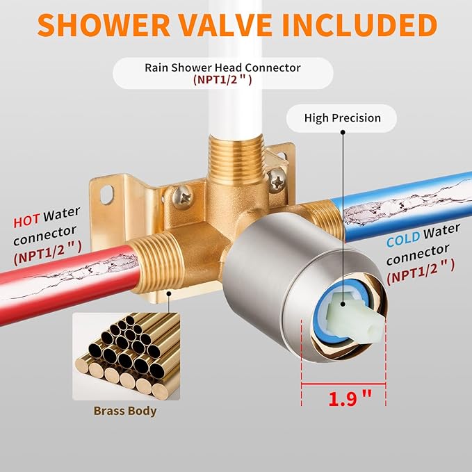 Brushed Nickel Shower Faucet Single Function Trim Kit with Rough-in Valve Set Bath Rainfall Shower System 8inch Square Stainless Steel Metal Shower Head