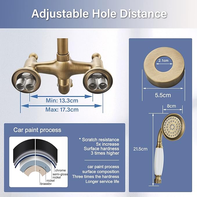 Antique Brass Shower System Bathroom Shower Faucet Set with 8 Inch Shower Head Handheld Spray and 360 ° Rotation Tub Spout 2 Cross Handles Outdoor Shower Fixtures