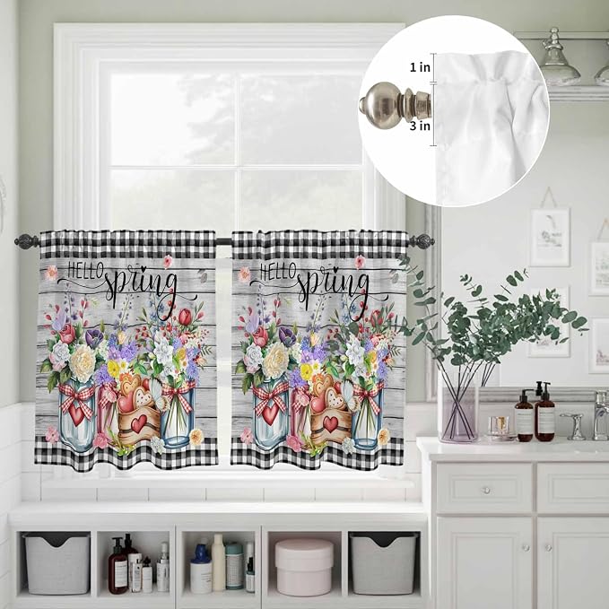 Kitchen Curtains Tiers and Valance Set of 3, Spring Flowers Light Filtering - Image 8
