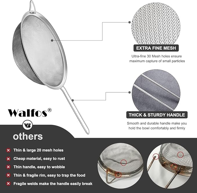 Walfos 8.6 Inch Large Fine Mesh Strainer, Kitchen Metal Food Strainers - Image 7