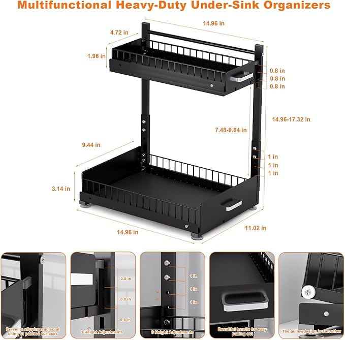 Under Sink Organizer,2 Tier Slide Out Kitchen Cabinet Organizers with Pulley,Under Bathroom Sink Pull Out Organizer with Multiple Height Adjustments for Kitchen and Bathroom Cabinets-Black
