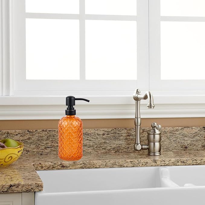 16 oz Glass Soap Dispenser with Stainless Steel Vintage Brushed Bronze Pump Head, Refillable Gemstone Pattern Soap Dispenser for Hand Soap, Dish Soap, and Lotion (Orange)