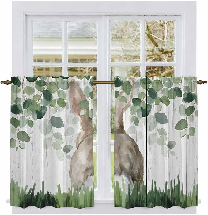 Easter Kitchen Curtains, Country Rabbit Botanical Leaves Wooden Grain Light - Image 2