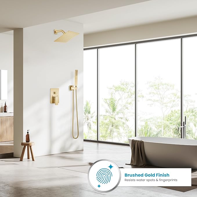 gotonovo Rainfall Bathroom Shower System Rain Shower Head and Handle Set Wall Mounted Shower Complete Combo Solid Brass Pressure Balancing Shower Mixer Valve 8 Inch Brushed Gold