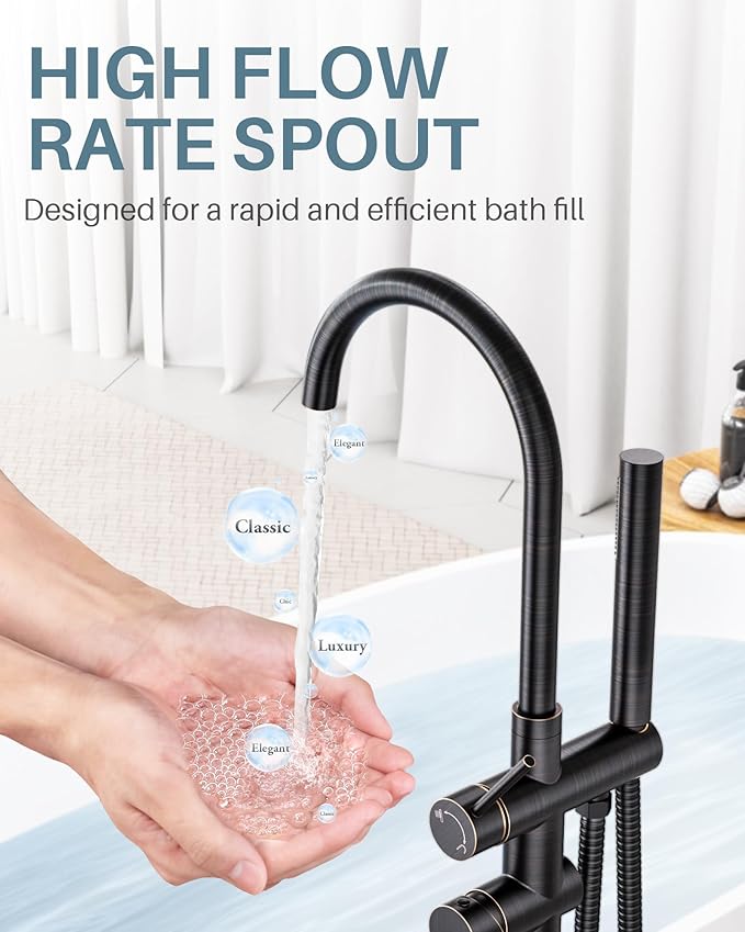 Freestanding Tub Filler Faucet Bronze: High Flow Brass Floor Mount Bathtub Filler, Swivel Gooseneck Spout with Single Handheld Sprayer for Bathroom Shower, Oil Rubbed Bronze