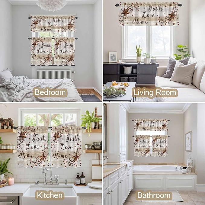 Kitchen Curtains Tiers and Valance Set of 3, Texas Star Brown Light Filtering - Image 7