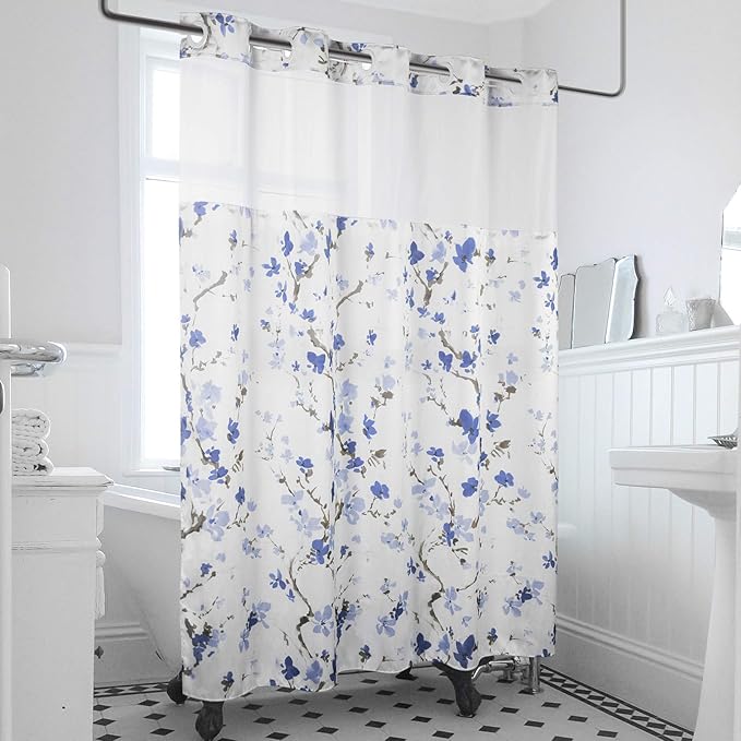 Lagute SnapHook Hook Free Shower Curtain with Snap-in Liner & See Through Top Window | Hotel Grade, Machine Washable | 71Wx74L, Blue Blossom