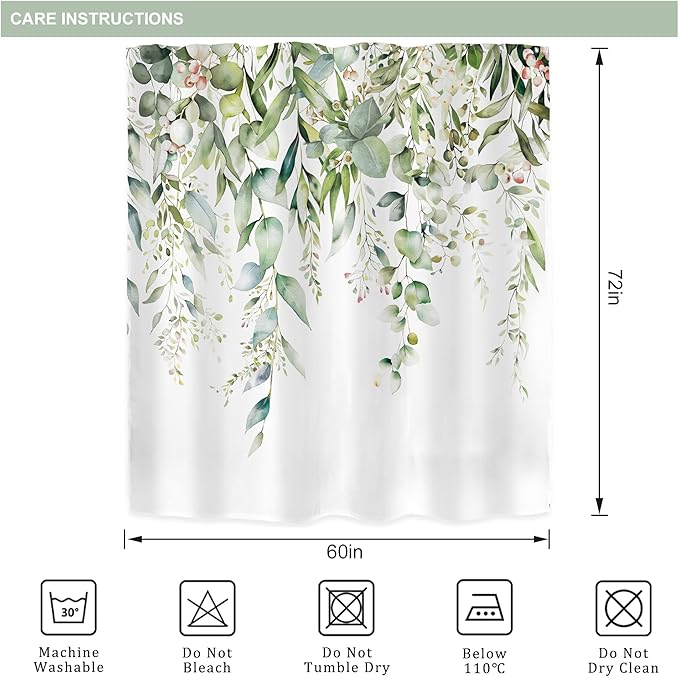 Riyidecor Sage Green Eucalyptus Shower Curtain,Fabric Cloth Bathroom Curtains,Leaves Plants Spring Floral Botanical Leaf Nature Watercolor Bath Shower Curtains Decor Set 72x72 Inch