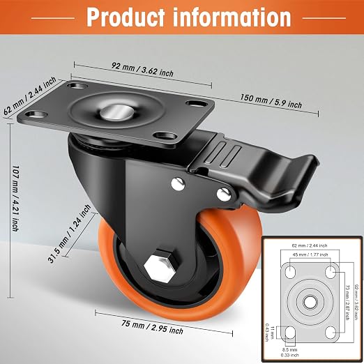 Casters, Top Plate Swivel Wheels, Casters Set of 4, Locking Casters - Image 4