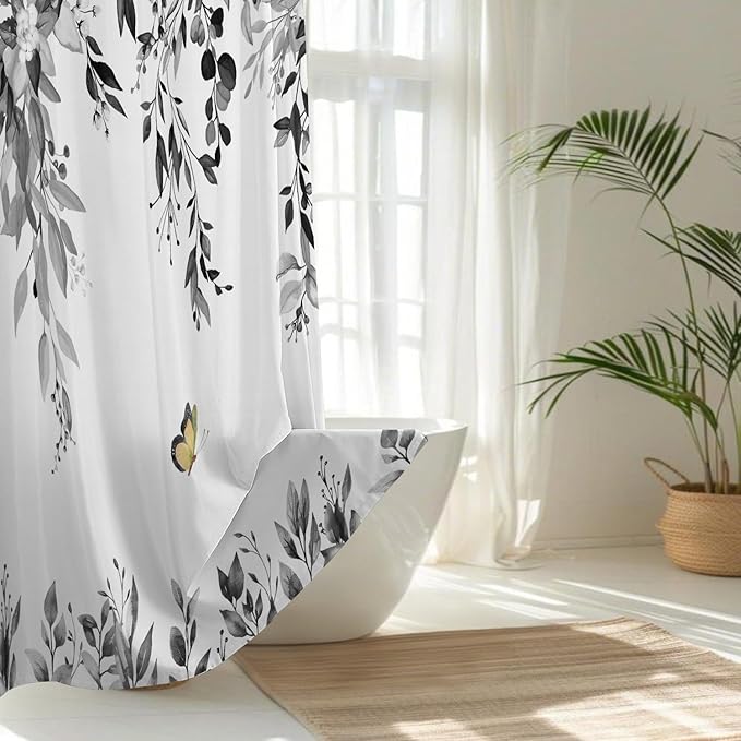 No Hook Shower Curtain and Liner Set, Grey Eucalyptus Floral Shower Curtains for Bathroom, Bath Curtain Sets with Snap in Liner, Waterproof with See Through Top Window, 71x74 Inches