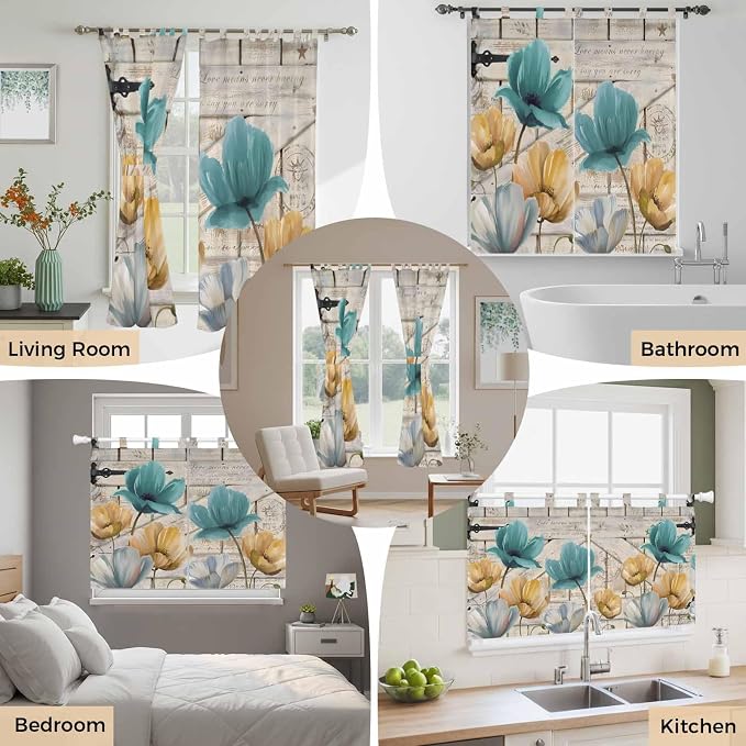 Watercolor Flowers Kitchen Curtains 45 Inch Length, Short Cafe Window Curtains - Image 7