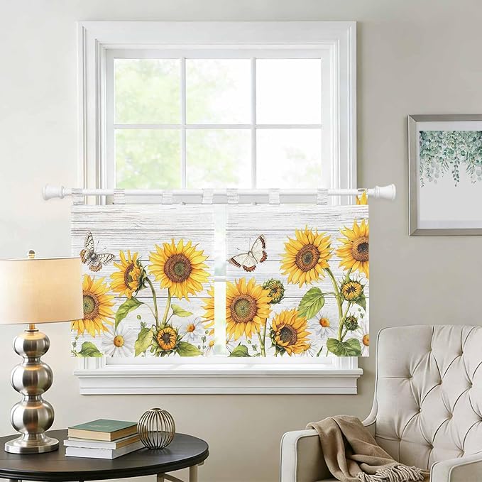 Yellow Sunflowers Kitchen Curtains 36 Inch Length, Small Window Curtains Tab Top - Image 2