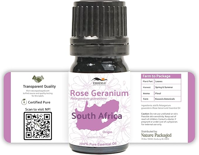 Rose Geranium Essential Oil - Direct from Kwazulu Botanicals in South Africa- Organic Essential Oils for Body, Diffusers, or Aromatherapy | Pure Therapeutic Grade (5ml)