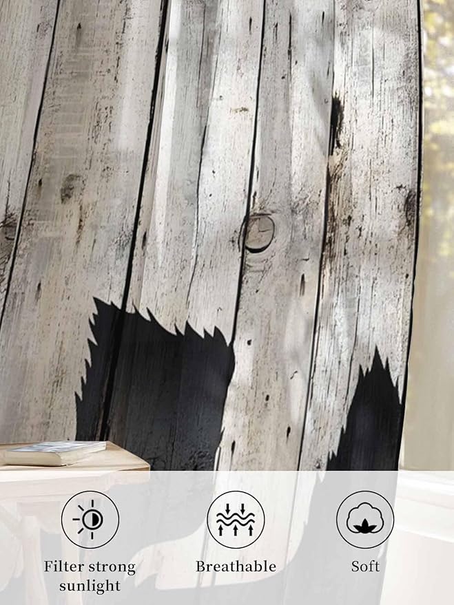 Sheer Curtains 45 Inch Length, Rustic Counrty Vintage Wood Grain Privacy Voile - Image 6