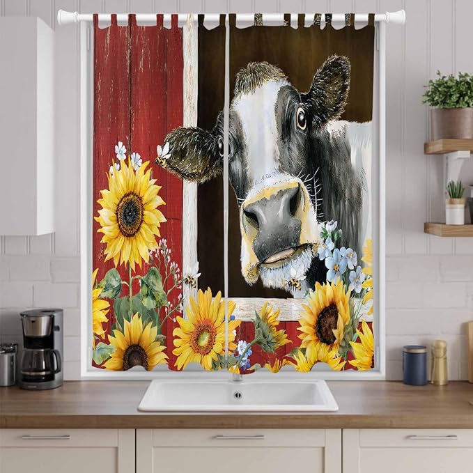 Cows Sunflowers Living Room Curtains 96 Inch Length, Window Curtains Tab Top - Image 9