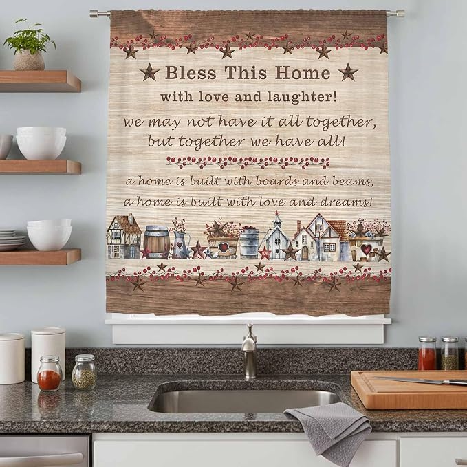 Farmhouse Sheer Curtains 63 Inch Length Brown Country Star Berry Vintage Wood - Image 8