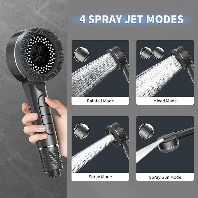 Filtered Shower Head with Handheld, Multi-Mode High Pressure Shower Heads with 60 Inch Shower Hose, Hard Water Filtered Showerhead with ON/OFF Switch to Clean Corner, Tub and Pets, Dark Gray
