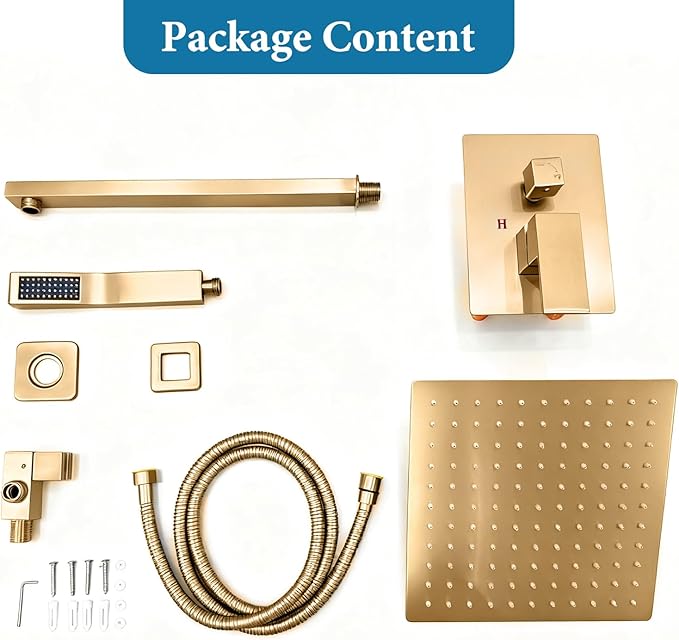 Brushed Gold Square Shower Head with Handheld Set, Rainfall Shower System Modern Wall Mounted Shower Faucet for Bathroom 10 inch (With Shower Valve)