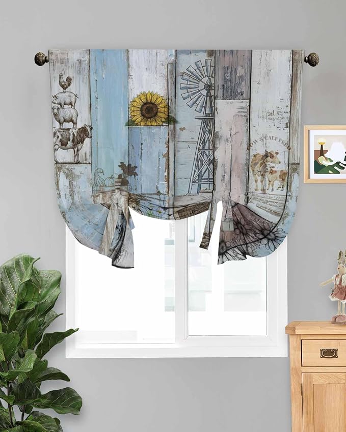 Tie Up Curtains for Windows, Farmhouse Barn Sunflowers Retro Tie Up Light by Anzona