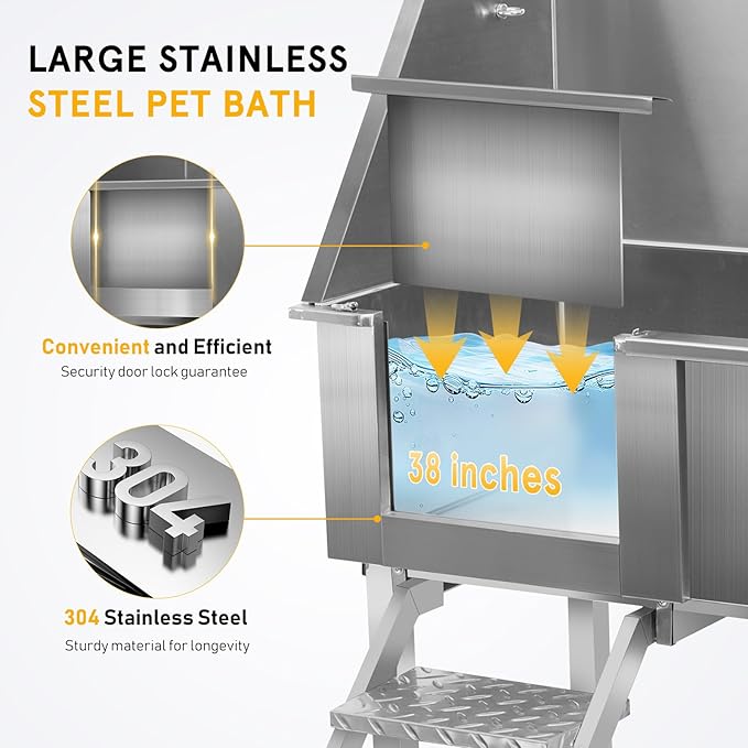 38'' Large Dog Bathtub Stainless Steel, Dog Washing Station, Pet Bathing Station Grooming Bath Tub with Left Ramp & Removable Door & Showerhead & Faucet & Soap Holder for Home Pet Grooming Salon
