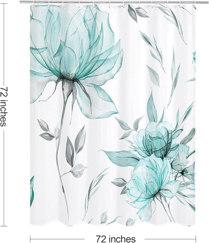 Teal Blue and Grey Boho Watercolor Floral Shower Curtain, Ink Painting Style Blossom & Leaf Shower Curtains for Chic Elegant Bathroom, Artistic Fabric Cloth Flower Shower Curtain, 72x72