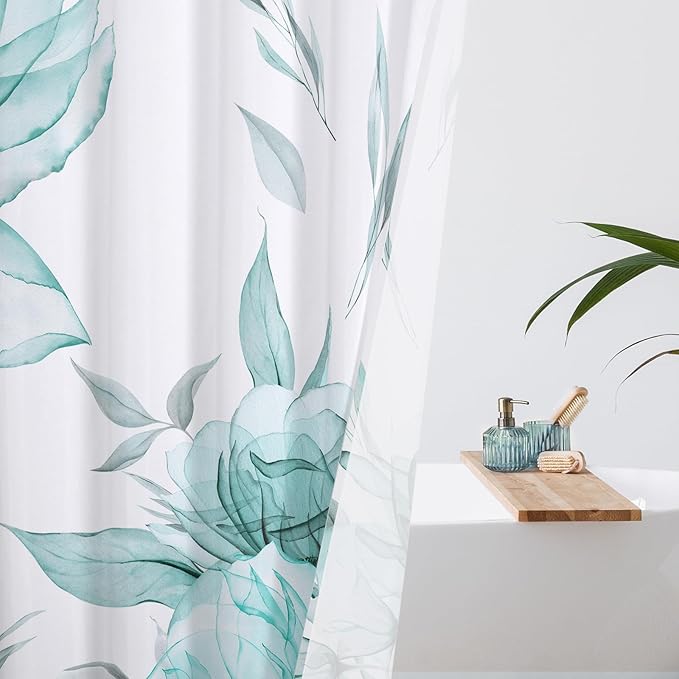 Small Stall Boho Watercolor Floral Shower Curtain 36 x 72, Teal Blue and Grey Ink Painting Style Flower Shower Curtains for Chic Elegant Bathroom, Artistic Narrow Half Size Shower Curtain