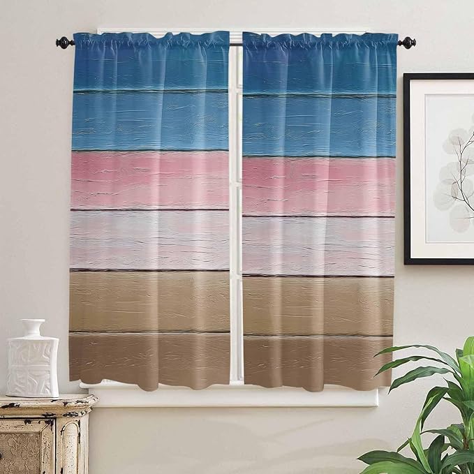 Blue Pink Brown Gradient Wood Grain Window Valance Curtains, Vintage Wood Board - Image 7