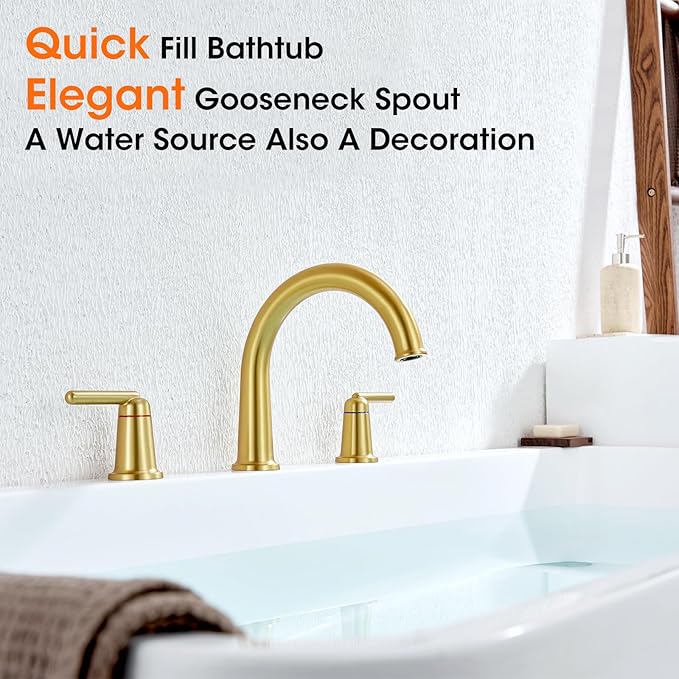 Brushed Gold Roman Bathtub Faucet, 2-Handle High Flow Tub Filler with Valve Widespread Deck Mount Bath Tub Faucet Set Classic High Arch WT-9807BG02
