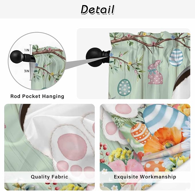 Easter Kitchen Curtains 45 Inch Long 2 Panel Set, Rod Pocket Window Treatment - Image 9