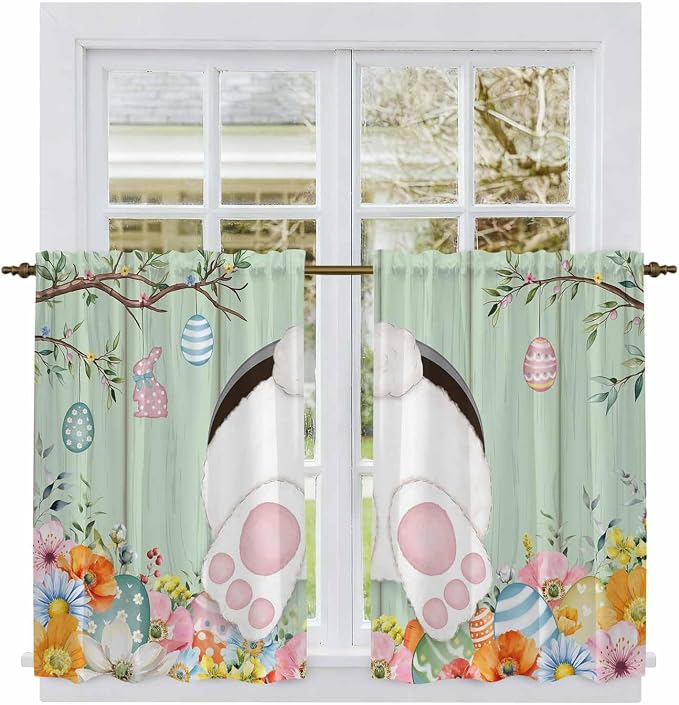 Easter Kitchen Curtains 45 Inch Long 2 Panel Set, Rod Pocket Window Treatment - Image 2