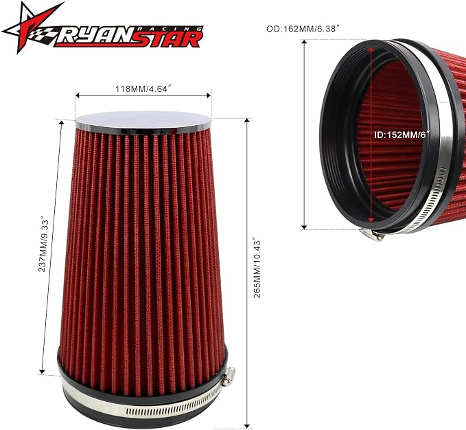 RYANSTAR RACING 152mm 6" High Flow Round Tapered Cone Closed-Top Washable - Image 2