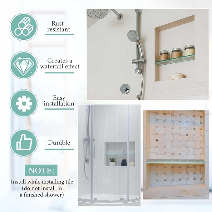 1 Pcs 13-5/8" x 4-1/4" x 3/8'' Glass Shelf for Shower Niche, Tempered Glass Shelf Floating Shelves for Bathroom Essentials DIY Storage Decoration, Easy Install Support Plate
