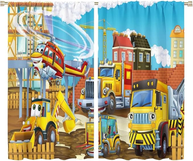 Kids Cartoon Construction Window Curtains, Funny Construction Site Cars and by SHElifestyle