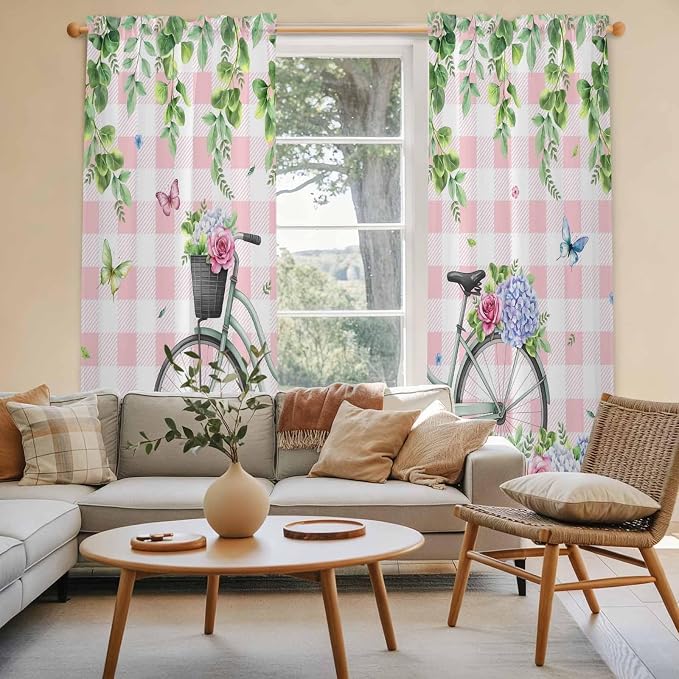 Spring Kitchen Curtains, Bicycles Leaves Butterfly Flowers Pink Buffalo Plaid - Image 3