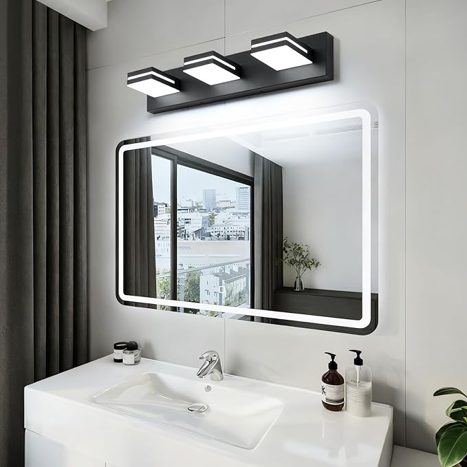 SineRise LED Modern Bathroom Vanity Light Fixtures, Modern Acrylic Bathroom Wall Lighting Fixtures Over Mirror (Cool White 6000K) (3-Light, 24-Inch), Matte Black- Non-dimmable