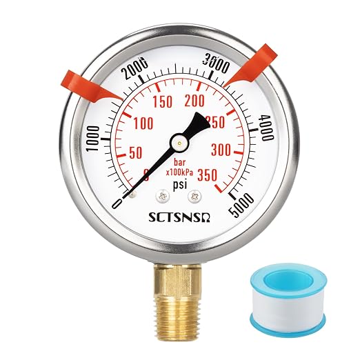 0 to 5000 Psi Hydraulic Pressure Gauge, Glycerin Liquid Filled, 2.5 inch Dial by SCTSNSR