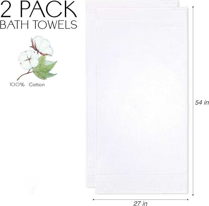 Cloudura Luxury Bath Towels-100% Cotton | Quick Dry | Lightweight | Thick I Good for Spa,Gym & Hotel Quality,(27'x54')-Soft & Absorbent (White, Set of 2)