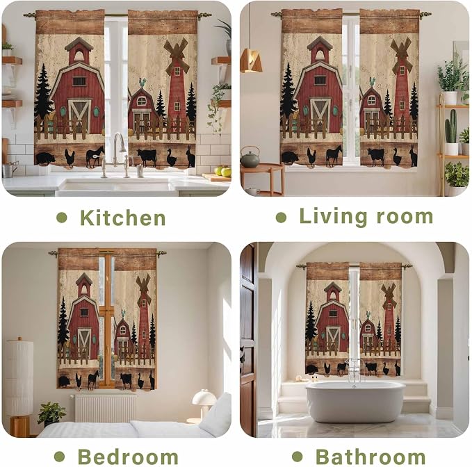 Brown Farmhouse Kitchen Curtains, Vintage Country Animals Wooden Grain Light - Image 8