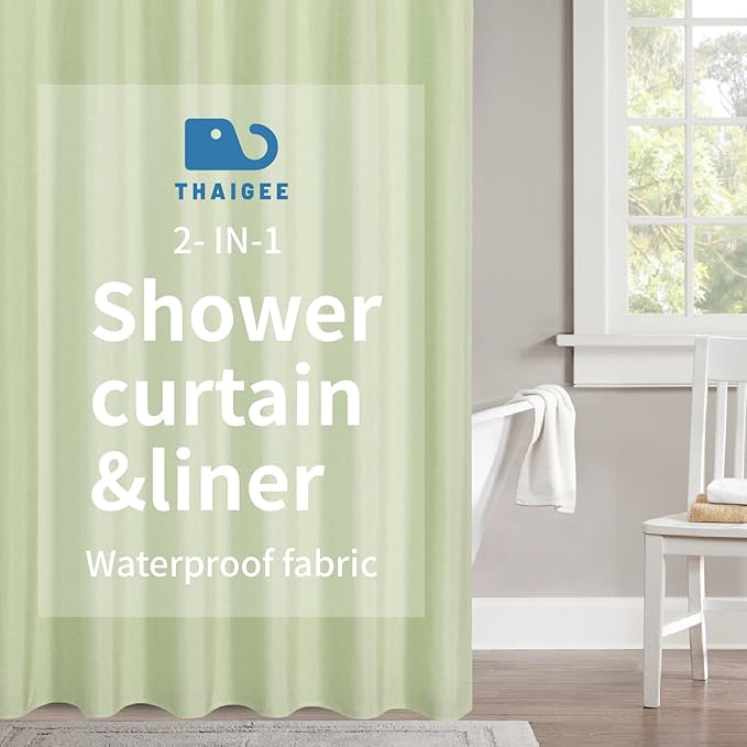 2-in-1 Waterproof Long Fabric Shower Curtain or Liner,Linen Textured,78 Inch Breathable TPU & Washable Bathroom Shower Curtain Set with 12 Plastic Hooks,Modern,72"x78",Green
