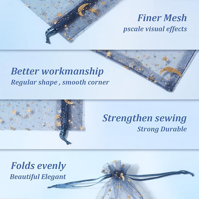 Hopttreely 100 Pieces Moon Star Organza Bags, Mixed Color 4x4.72(10X12CM) Satin Drawstring Organza Pouch Wedding Party Favor Gift Bag Jewelry Watch Bags
