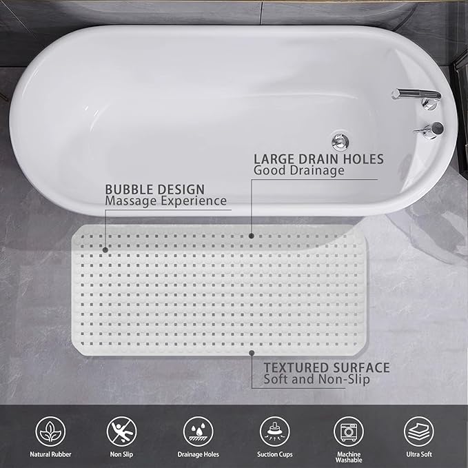 Extra Large Non-Slip Bathtub Mat, 36x17” TPR Shower Mat with 198+ Suction Cups, Bath Mat for Elderly/Kids, Machine Washable & Fast Drainage, Foot Massage Design (White, Extra Large)