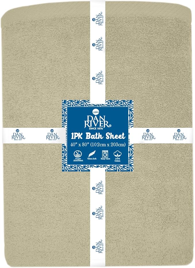 DAN RIVER Pack of 1 Bath Sheet 40x80 Inches, Extra Large Bath Towels, Luxury Quick Dry Cotton Towels - Beige
