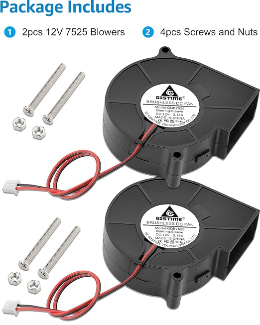GDSTIME 75mm x 25mm Blower 12V, 7525 DC Brushless Turbo Cooling Fan 2-Pin 2-Pack - Image 7
