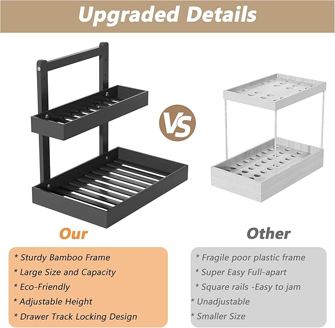 Bamboo Under Sink Organizer and Storage, 2 Tier Pull Out Cabinet Organizer, Slide Out Under Sink Storage Shelf, Undersink Organizers Shelves for Kitchen Bathroom Organization (Black, 1 Pack)