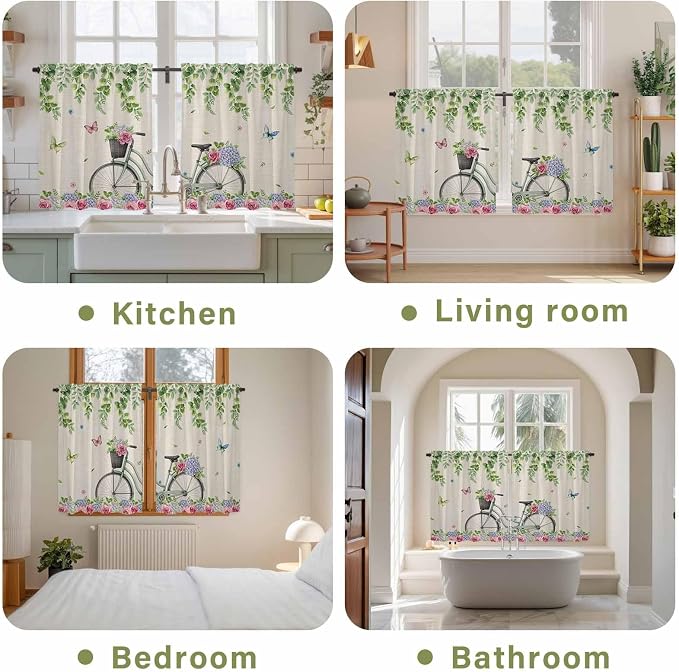 Farmhouse Spring Kitchen Curtains, Retro Bicycles Flowers Vines Butterfly Light - Image 8
